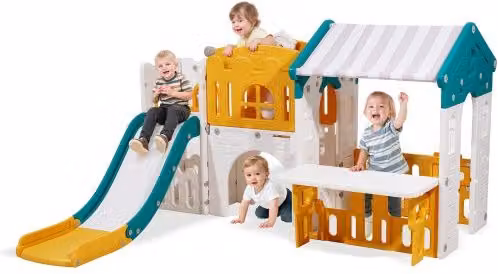 Casetta da gioco per esterni VEVOR multicolore con scivolo, canestro, telescopio, volante, tunnel e vetrina in plastica e tessuto
