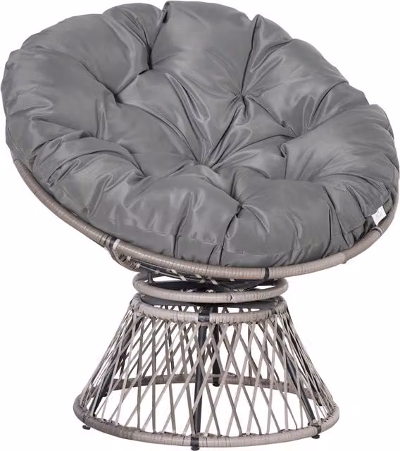 Poltrona Sedia Papasan Outsunny Girevole a 360° con Cuscino in Rattan e Metallo per Giardino, Nero, H 90 x L 87 x P 97 cm