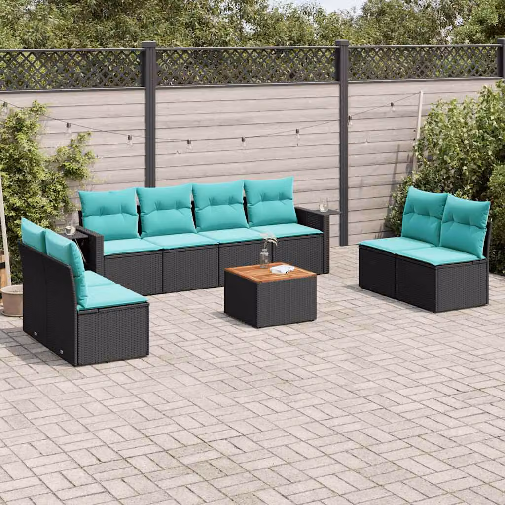 Set di divani da giardino vidaXL in polyrattan nero con cuscini, composto da 9 pezzi con divani da 2 e 3 posti e tavolino da caffè per esterno