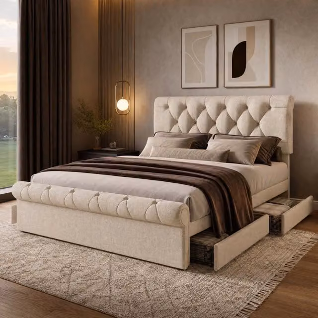 Letto matrimoniale imbottito 140x200 cm con 4 cassetti e testiera regolabile; lino naturale