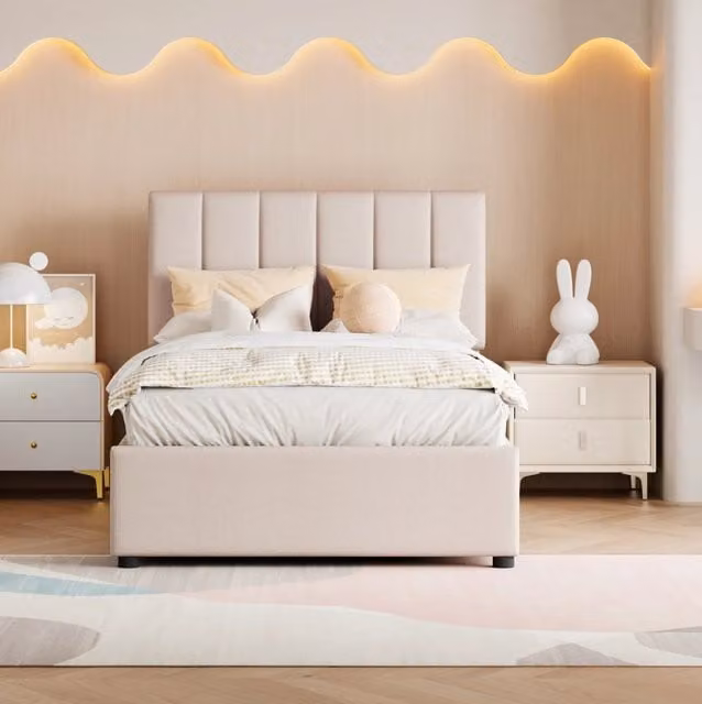 Letto imbottito 90x200 cm con contenitore ad apertura idraulica; tessuto in lino; beige