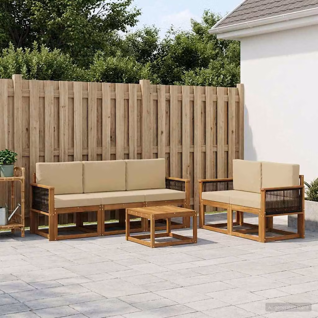 Set di divani da esterno vidaXL 6 pz in legno di acacia marrone e beige con cuscini inclusi design moderno a L