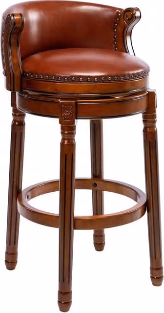 Sgabello da bar in legno color avorio con seduta in pelle bovina, girevole a 360°, altezza 75 cm con schienale