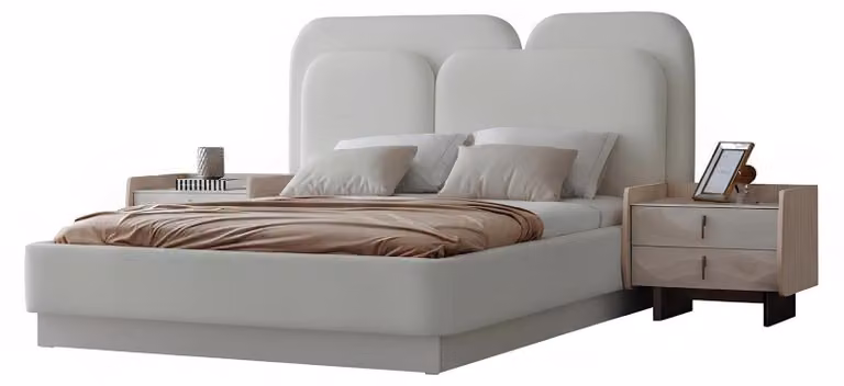 Set per camera da letto: comodini, letto, colore bianco, stile moderno, testiera imbottita