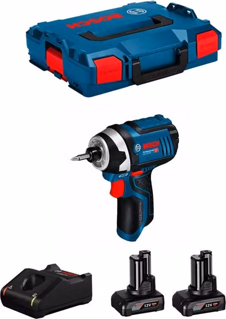 Avvitatore a massa battente Bosch GDR 12V-105 blu con 2 batterie da 6,0 Ah, caricabatterie GAL12V-40 e L-Boxx 102