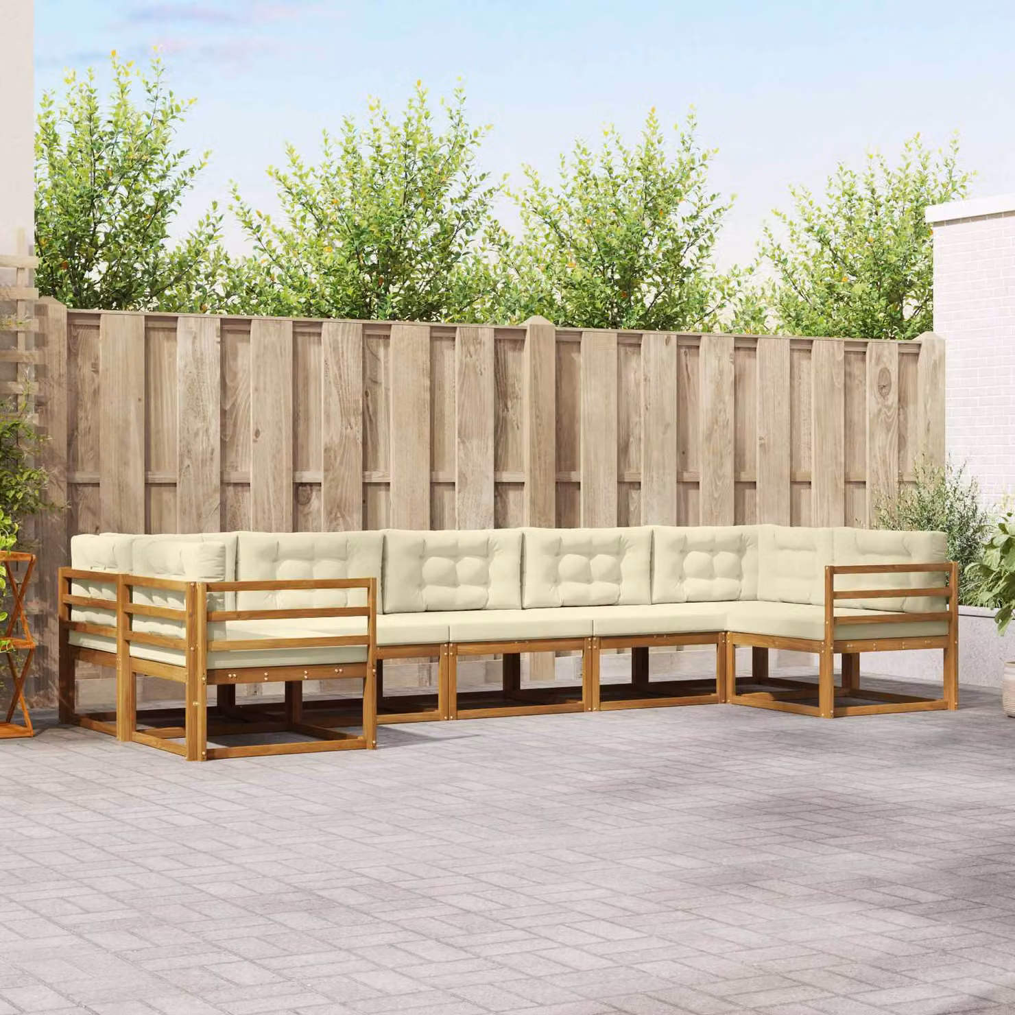 vidaXL Set di divani da esterno a L in legno di acacia con cuscini, 7 pezzi, Marrone e Beige