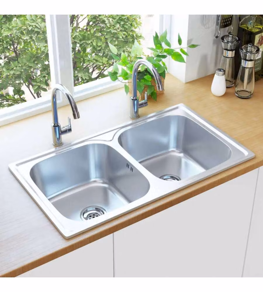 vidaXL Lavello da Cucina Doppio in Acciaio Inox Color Argento L/P/H: 84 x 48 x 22 cm – 2