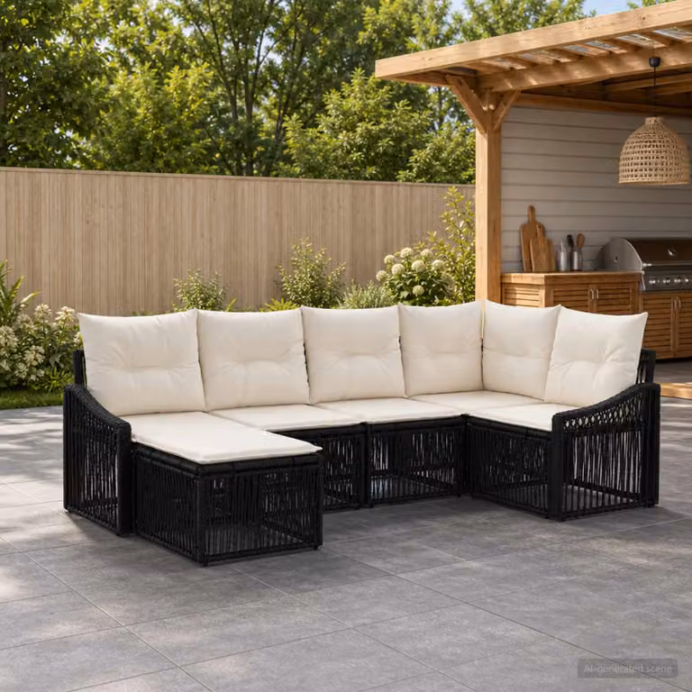 Set Divano da Giardino vidaXL 6 pz L Shape Nero con Cuscini e Ottoman in Polyrattan e Metallo