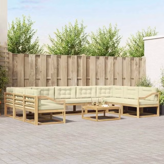 Set di divani da esterno a forma di U vidaXL in legno di acacia con cuscini Bianco e Beige – 1