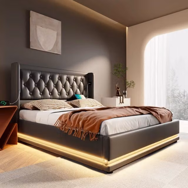 Letto imbottito 180x200 cm con contenitore; LED e USB Type-C in PU nero