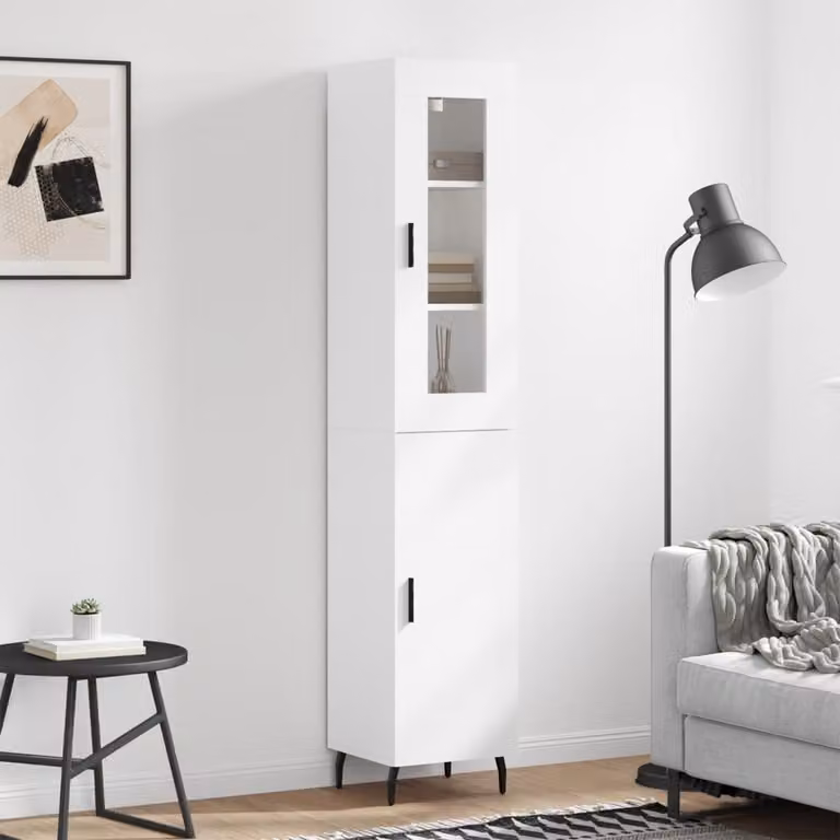 Credenza moderna vidaXL bianca con ante a battente e ripiani interni in legno, metallo e vetro, L/P/H: 34,5 x 34 x 180 cm
