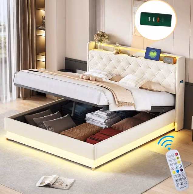 Letto imbottito LED 160x200 cm con USB e contenitore idraulico; beige