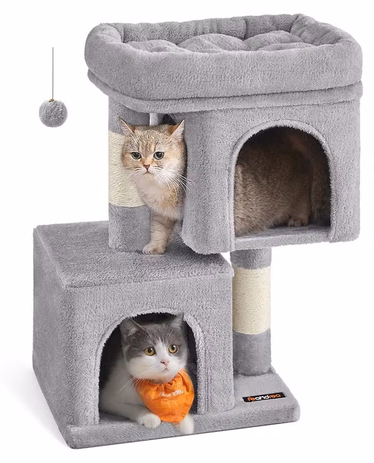 Albero per gatti – Sisal e peluche – Con sistema anti-ribaltamento – Grigio chiaro – 40 x 30 x 67 cm