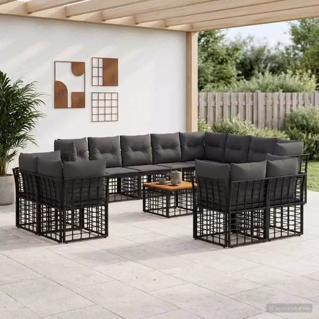 Set di divani da esterno a L vidaXL con tavolino da caffè, colore nero e grigio, struttura in metallo e cuscini inclusi – 1