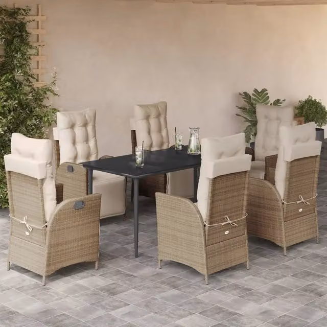 Set da Pranzo da Giardino VIDAXL in Polyrattan con Cuscini Beige e Tavolo in Vetro, 7 Pezzi