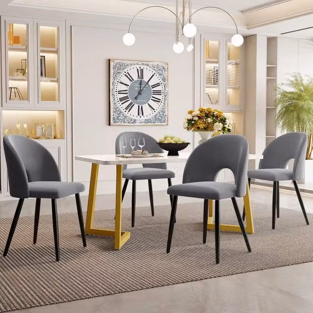 Set tavolo da pranzo rettangolare 117x68 cm con 4 sedie, velluto grigio con motivo a diamante, gambe regolabili e gambe del tavolo oro