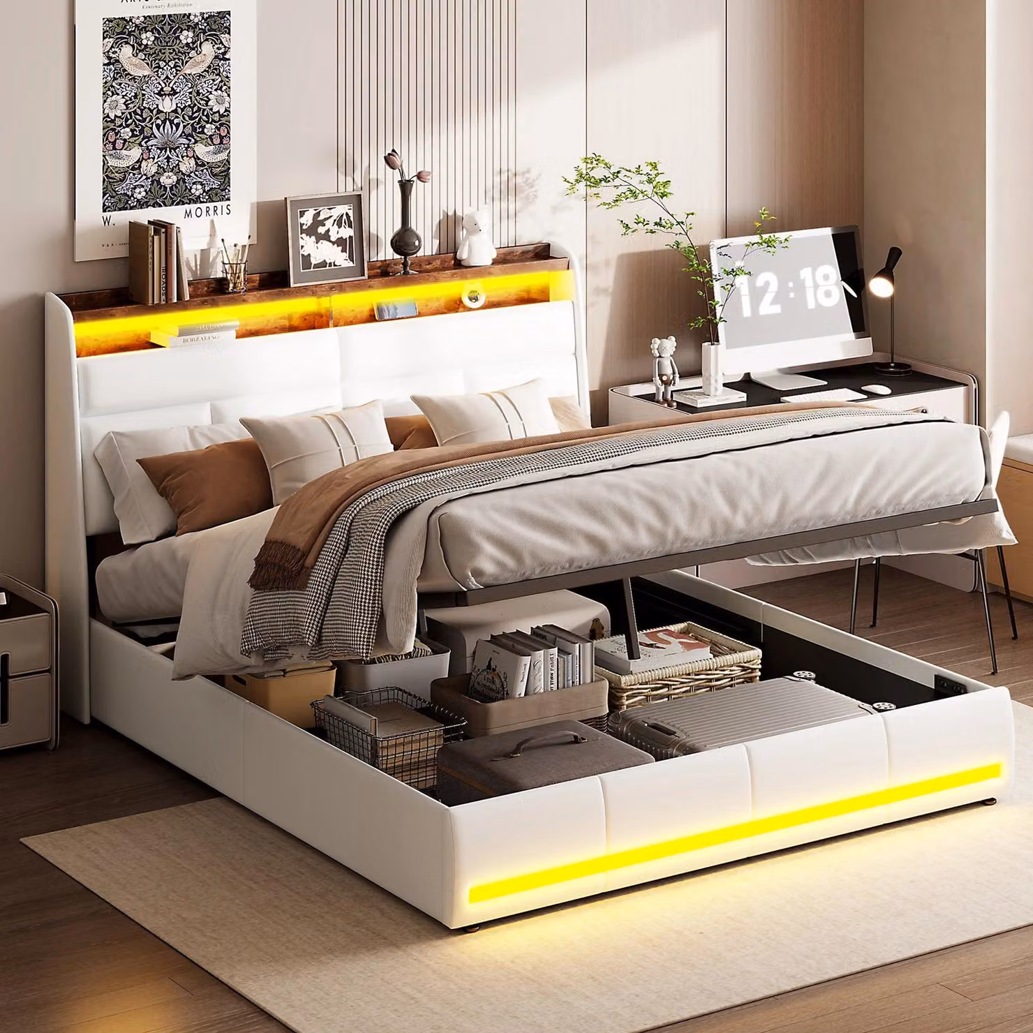 Letto matrimoniale - Letto con illuminazione a LED - Letto contenitore - Letto con porte USB - Letto con sistema idraulico - Bianco, dimensioni 140x200 cm