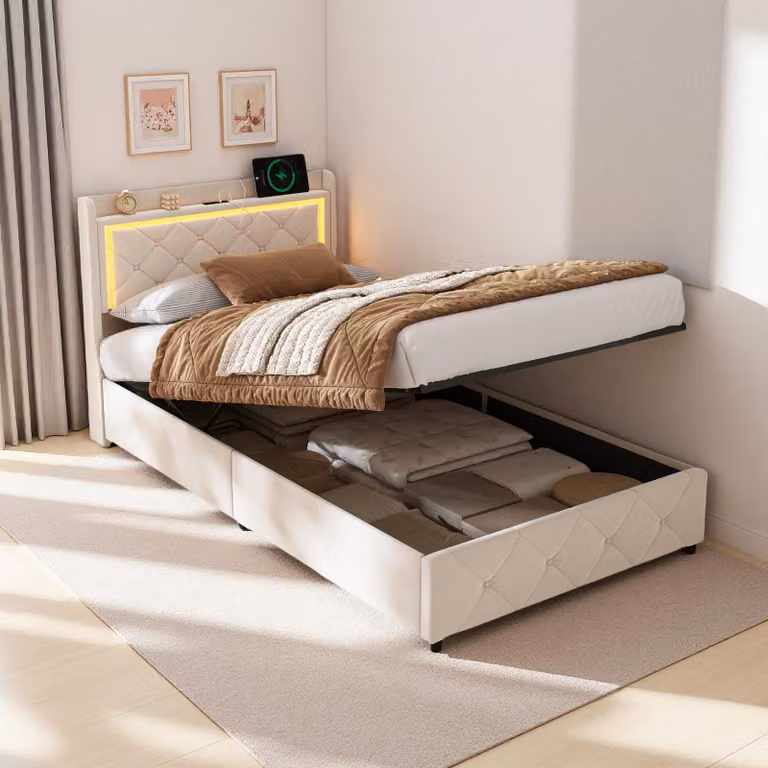 UnboxG Letto imbottito 90x200 cm con contenitore e molla a gas, illuminazione a LED e funzione di ricarica USB, tessuto in velluto beige, letto contenitore Letto per ragazzi Letto singolo