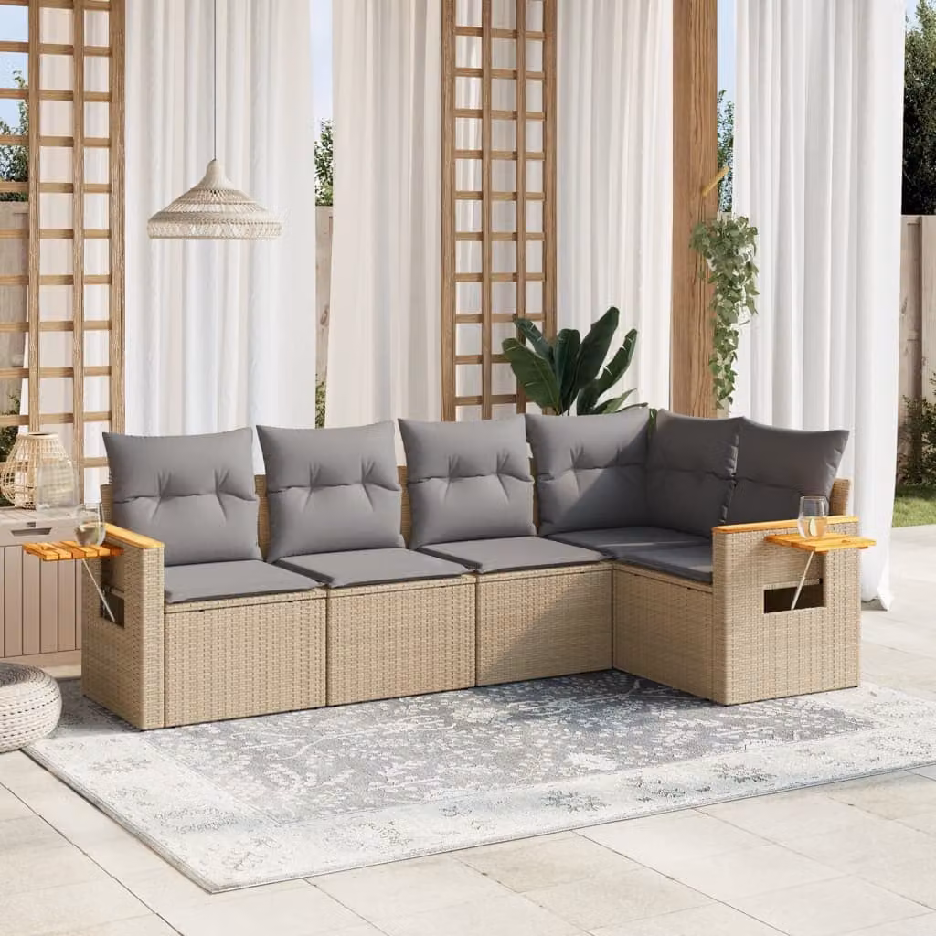 vidaXL Set Divano da Giardino a L 5 pz in Polyrattan con Cuscini Beige e Tavolino da Esterno – 1