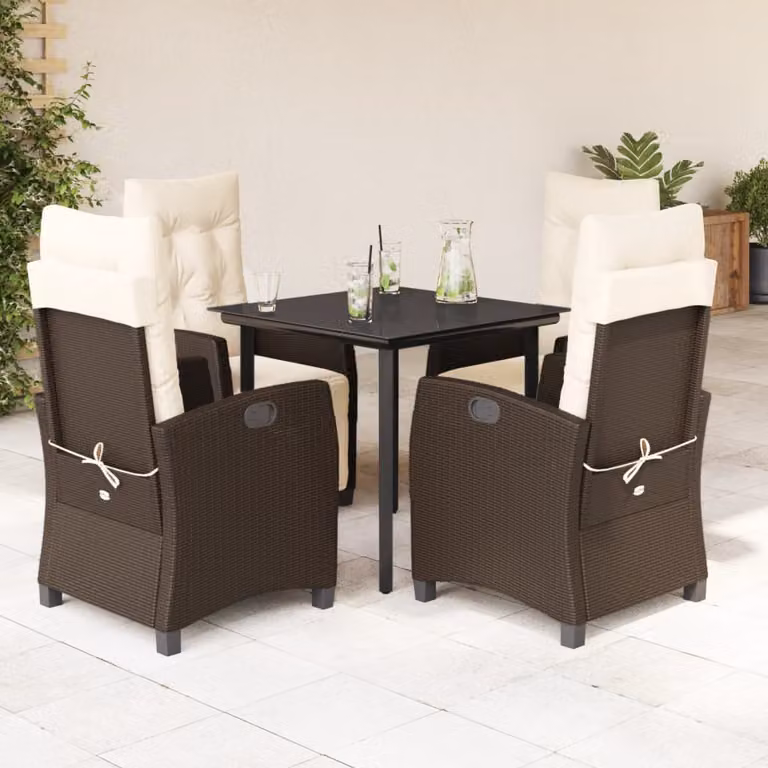 Set da Pranzo da Giardino vidaXL in Polyrattan Marrone con Cuscini e Tavolo in Vetro