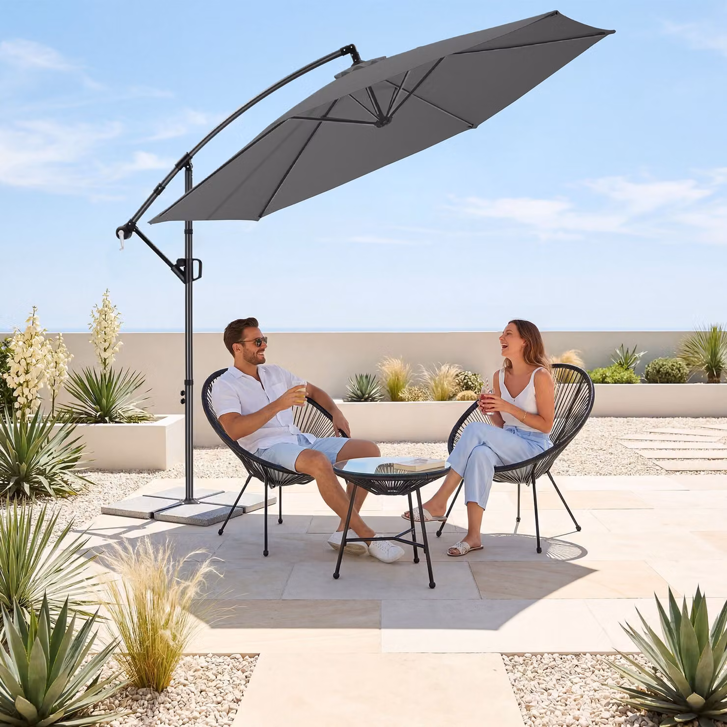 Ombrellone a braccio Artemis tectake, ruotabile a 360° e inclinabile, grigio, L/P: 3 x 3 m – 2