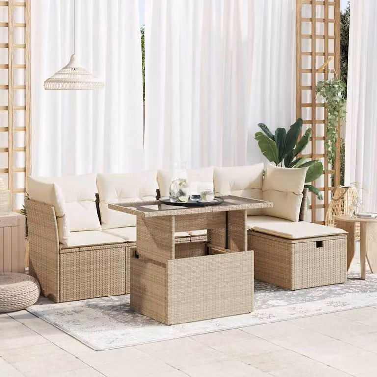 Set Divano da Giardino vidaXL 6 pz in Polyrattan Beige con Cuscini e Tavolino da Esterno
