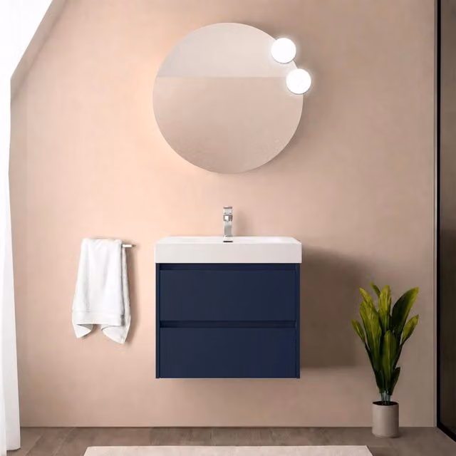 Mobile bagno sospeso 70 cm blu satinato con due cassetti e lavabo in resina Gaya