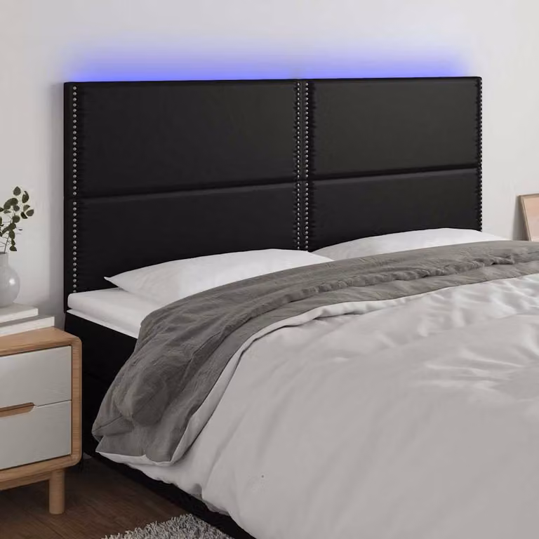Testiera per letto vidaXL in similpelle nera con illuminazione LED e porta di ricarica USB, L: 200 cm, P: 5 cm, H: 118/128 cm