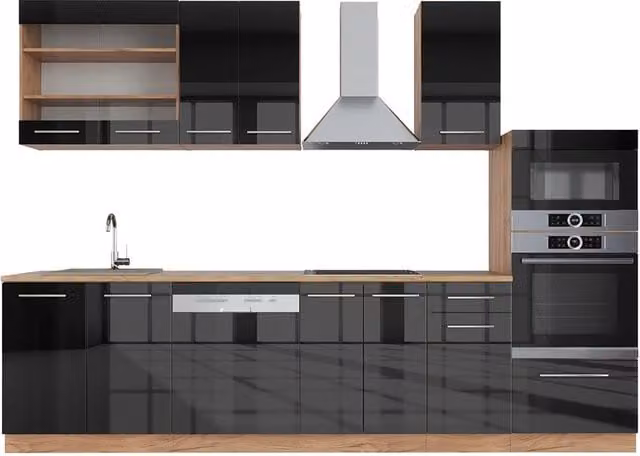 Cucina componibile Vicco Fame-Line Antracite lucido e Rovere dorato con armadio alto, L: 300 cm – 1