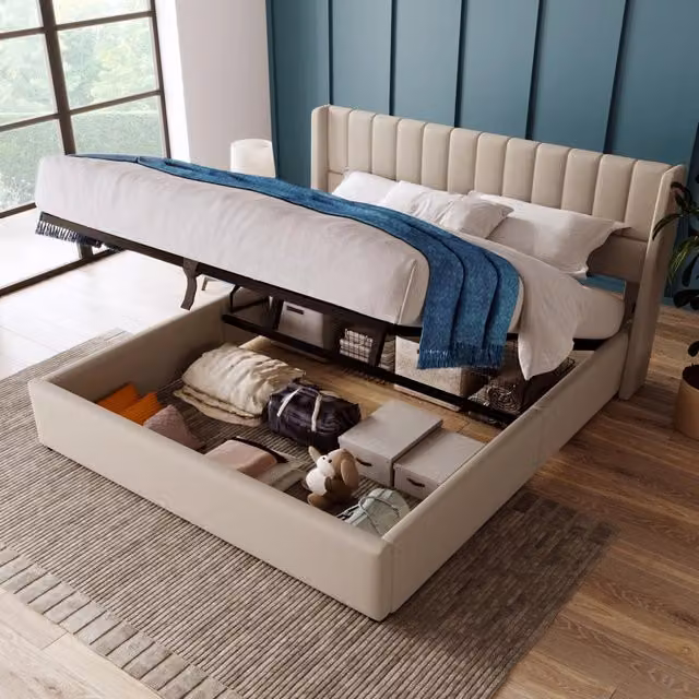 Letto Matrimoniale 160x200 Imbottito Beige con Contenitore Idraulico e Rete a Doghe in Legno