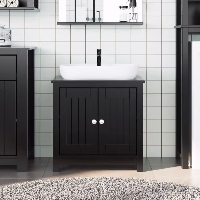 Lavabo da Bagno Mobile vidaXL BERG Nero in Legno Massello di Pino L: 60 cm, P: 34 cm, H: 59 cm