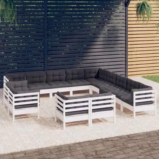 Set di divani da giardino vidaXL in legno di pino con 13 pezzi e cuscini bianchi e antracite – 1