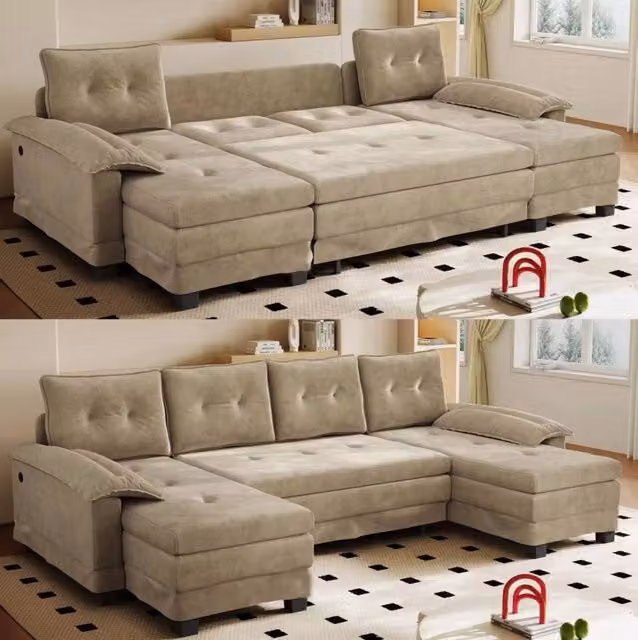 Divano letto modulare a U 278 cm in ciniglia color cammello con USB HOMVRA