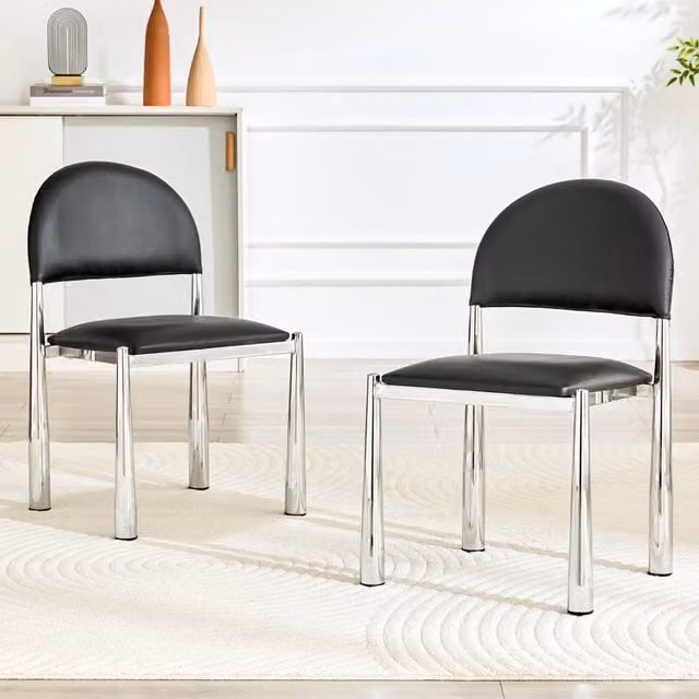Set di 2 sedie da pranzo OKWISH moderne in ecopelle nera con schienale semicircolare e gambe in metallo, Altezza: 80 cm