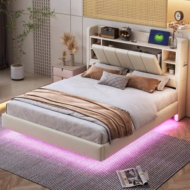 Letto matrimoniale imbottito ULEVR 140x200 cm con LED, porta USB e testiera ribaltabile con vani, beige