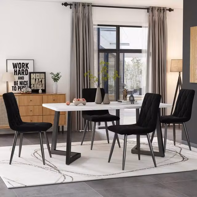 Set tavolo da pranzo 117x68 cm con 4 sedie in velluto nero