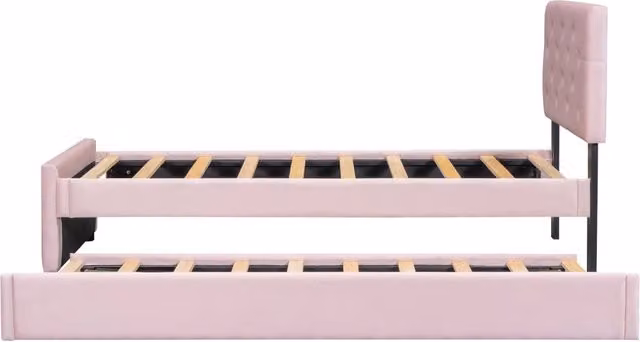 Letto imbottito 90x200 cm con rete a doghe e letto estraibile in velluto rosa