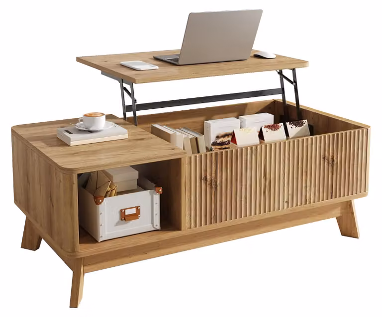 Tavolino da caffè con funzione di sollevamento, design a onde, vano aperto laterale, realizzato in MDF, stile moderno