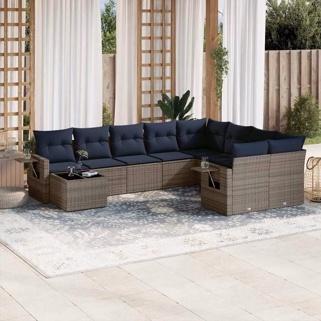 Set di divani da giardino vidaXL in polyrattan con cuscini grigi e blu, 10 pezzi