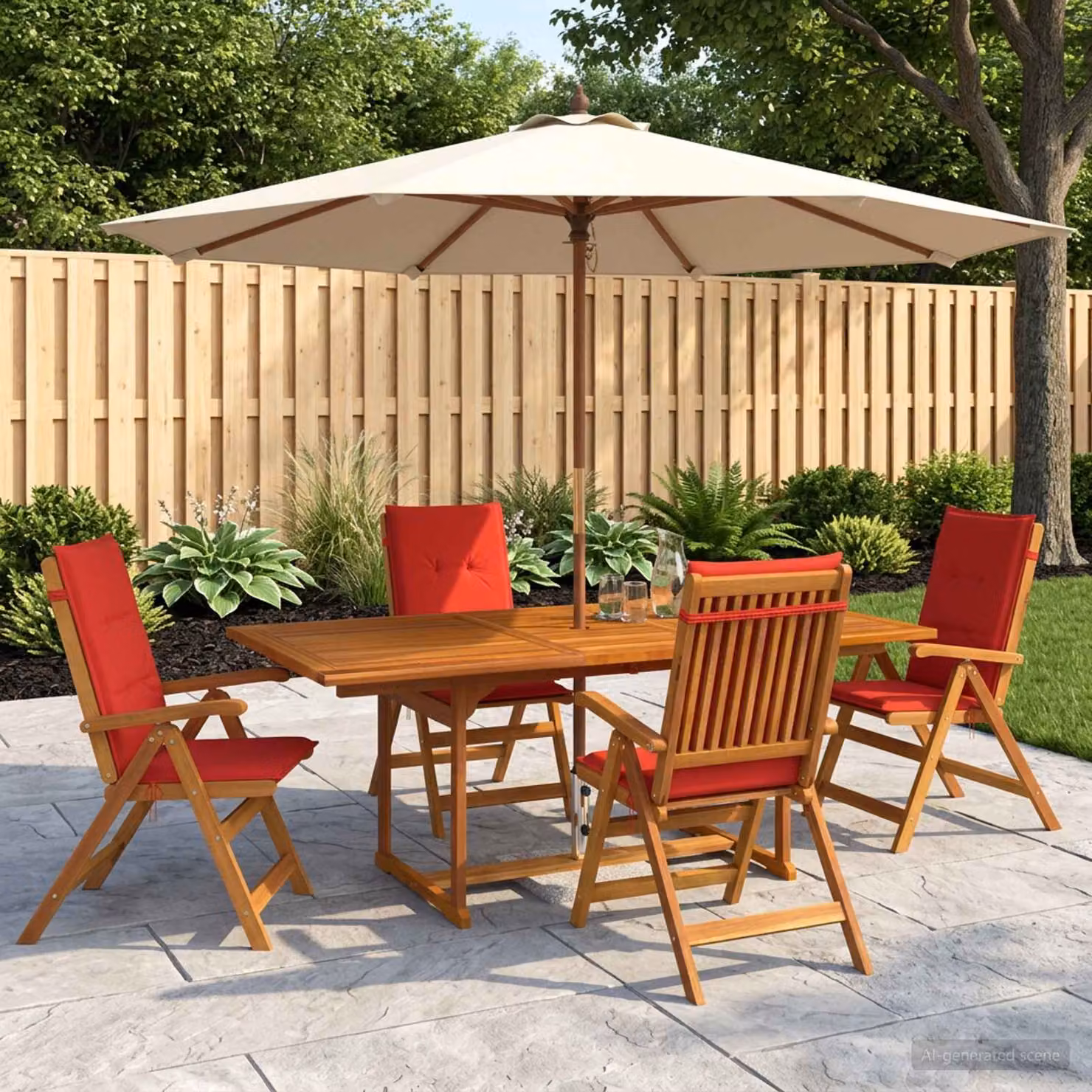 Set da pranzo da giardino vidaXL in legno di acacia oliato, 5 pezzi, colore naturale/marrone/rosso