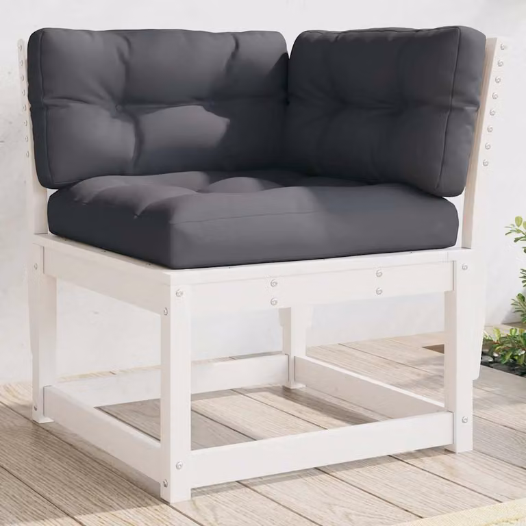 Divano Angolare da Giardino e Terrazzo vidaXL in Legno di Pino Massello con Cuscini Bianchi, L/P/H: 73 x 73 x 78 cm