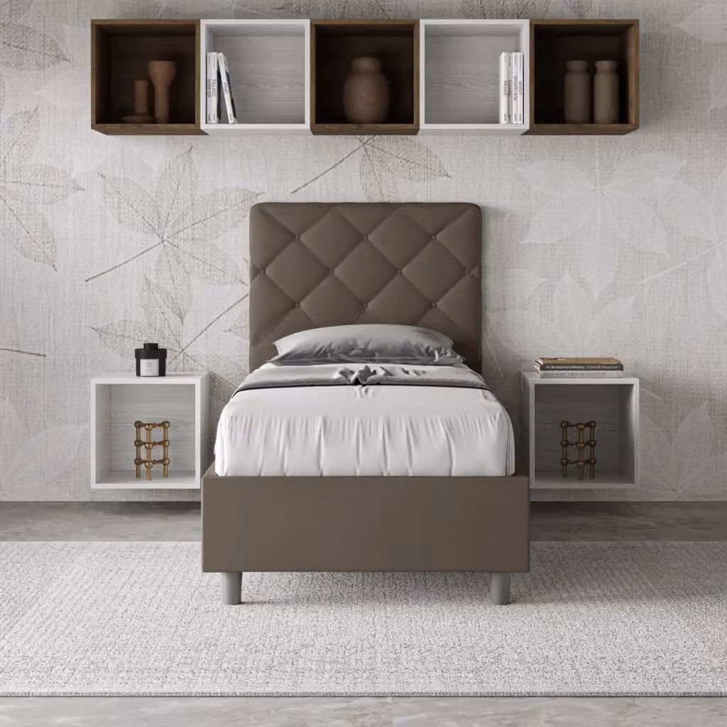 Letto Singolo Moderno Giordanoshop con Contenitore a Sollevamento e Rivestimento in Tessuto Beige L/P: 80 x 190 cm – 2