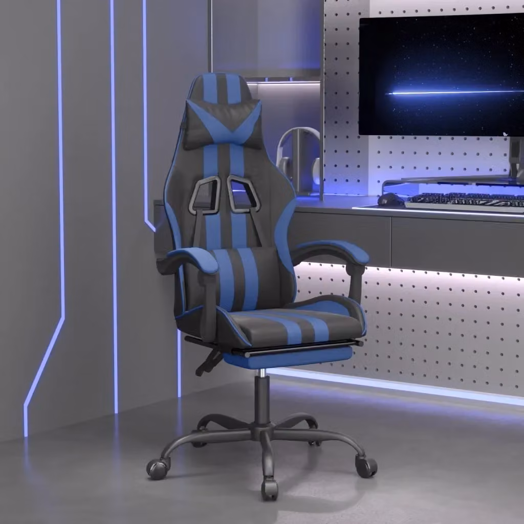 Sedia da Gaming Sportiva con Poggiapiedi e Riposatesta in Similpelle, Colore Nero e Blu – 2