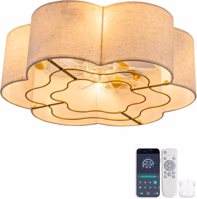 Ventilatore da soffitto moderno beige con luce e controllo tramite app o telecomando, ideale per camere da letto e camerette dei bambini