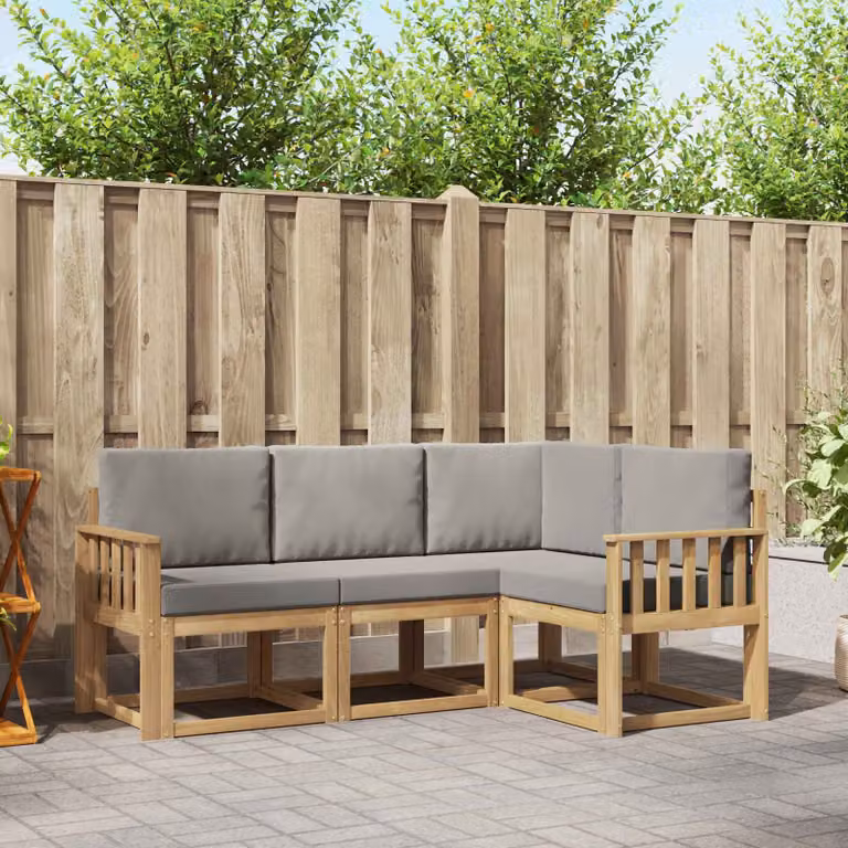 Set di divani da esterno vidaXL a forma di L composto da 4 pezzi in legno di acacia con cuscini bianchi e grigi