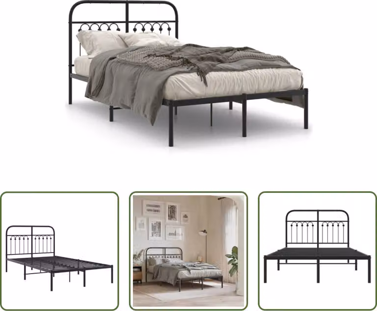 The Living Store Struttura letto con testiera in metallo nero 120x190 cm