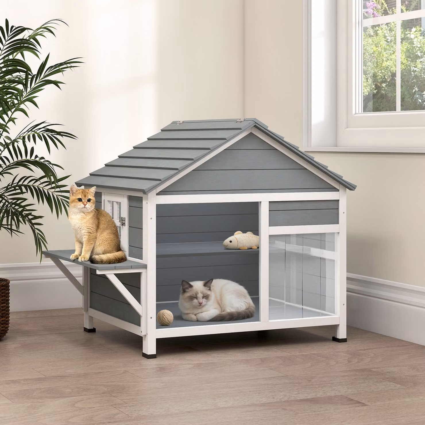 PawHut Casa per Gatti da Esterno in Legno Grigio con Tetto Apribile e Pedana Rialzata Aosom – 2