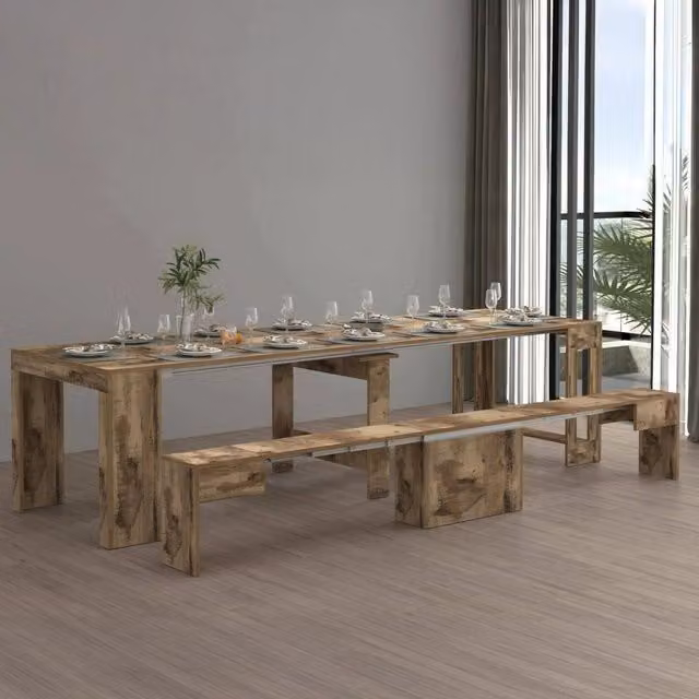 Set tavolo e sedie Badesi in legno color acero con consolle e panca allungabile per cucina e soggiorno, L: 300 cm, P: 77 cm, H: 66 cm