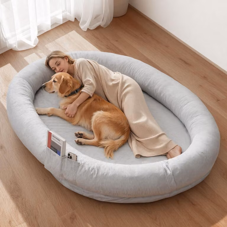 Letto per cani e persone - Schiuma viscoelastica - 178 x 120 x 24 cm - Rivestimento sfoderabile con cerniera, lavabile in lavatrice - Dimensioni per persone - Con tasca laterale e maniglia per il trasporto - Grigio