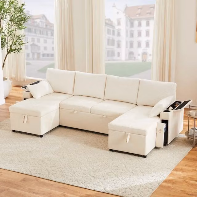 Divano modulare a U convertibile con contenitore portabicchieri e cuscini in ciniglia e velluto beige 272 × 131 × 84 cm